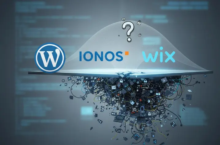 logos de wordpress, ionos, et wix sur une ligne avec plein de particules de produits digitaux dessous faisant penser à un brouillard d'infos