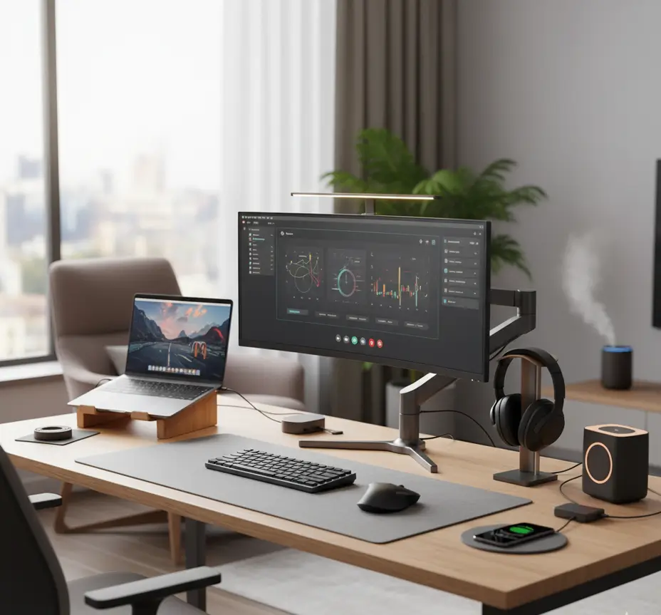 bureau avec pc portable et écran pc fixe au milieu d'une pièce avec clavier, souris et chaise ergonomiques