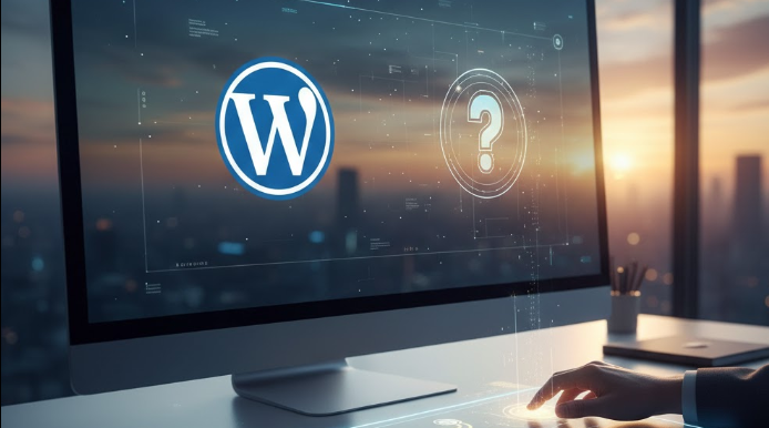 écran pc affichant le logo WordPress à côté d'un point d'intérogation