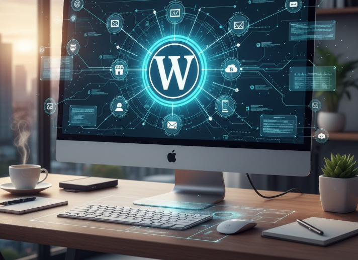 Écran Pc Apple sur un bureau affichant la puissance de WordPress 