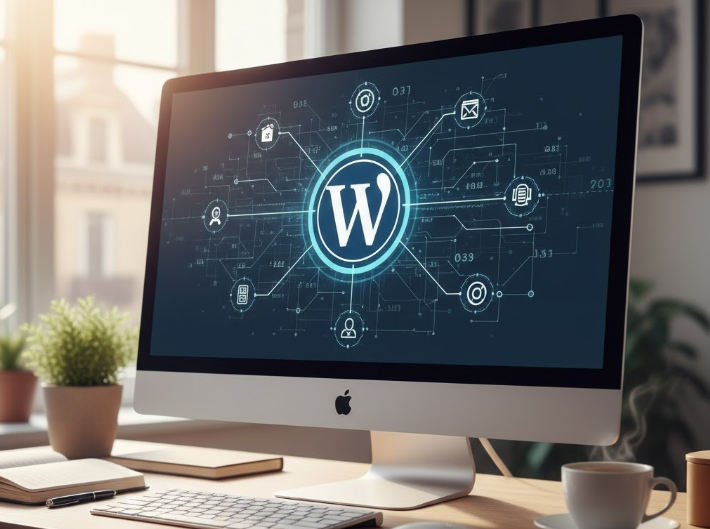 Écran Pc Apple sur un bureau affichant le logo WordPress design