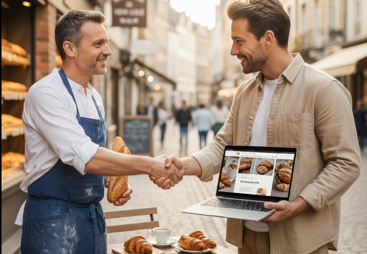 boulanger et webmaster se serrant la main devant la boulangerie dans la rue en souriant