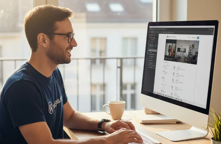 Freelance WordPress souriant avec lunettes travaillant à son bureau sur un site web