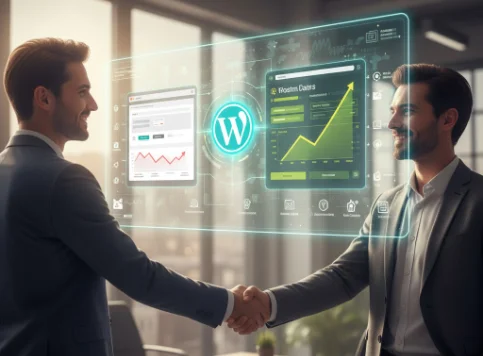 Deux hommes souriants se serrant la main concluant un accord avec au milieu un écran pc transparent avec logo WordPress