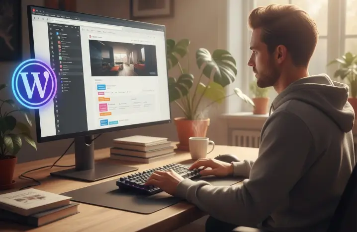 jeune freelance travaillant à son bureau devant son écran PC avec le logo WordPress à côté