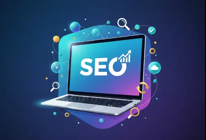 logo d'un laptop avec écris dessus SEO