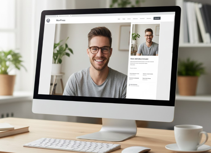 écran PC affichant un freelance WordPress souriant avec des cheveux courts et des lunettes