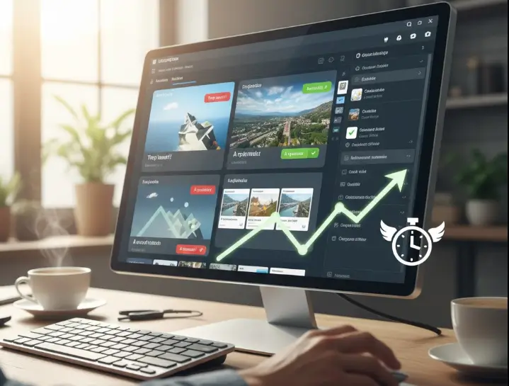 écran PC avec des images apparentes et un logo d'une courbe en flèche qui se dirige vers le haut