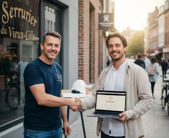 serrurier et webmaster se serrant la main devant la boutique du serrurier dans la rue en souriant