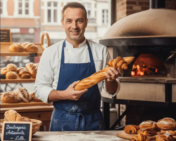 boulanger souriant et montrant une baguette et un croissant à côté de son four