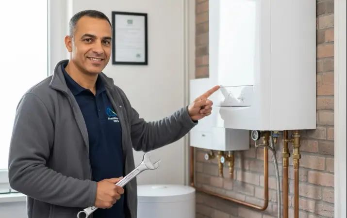 Plombier chauffagiste souriant en train de montrer du doigt une chaudière avec une clé à molette dans la main droite