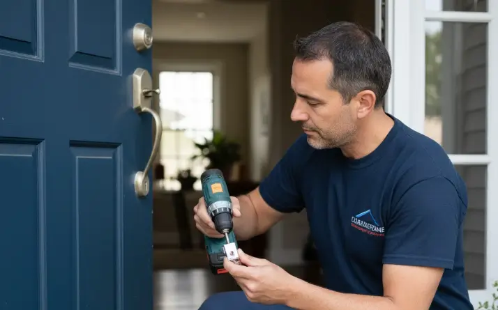 serrurier en train de travailler chez un client sur un porte d'entrée bleue