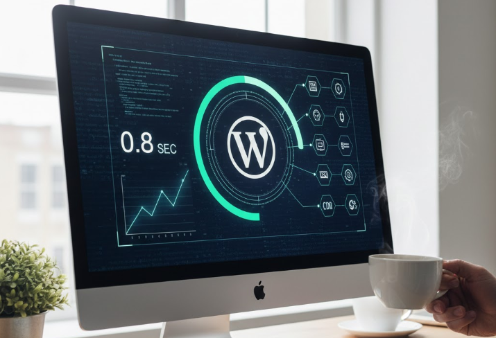 Écran Pc Apple sur un bureau affichant le logo WordPress avec sa performance