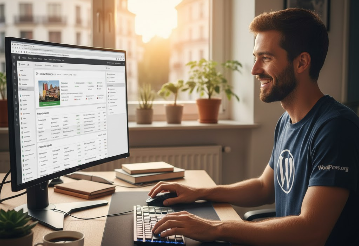 Freelance WordPress souriant travaillant à son bureau sur un site WooCommerce