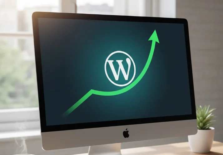 écran pc avec logo WordPress et une courbe en vert qui va à la hausse