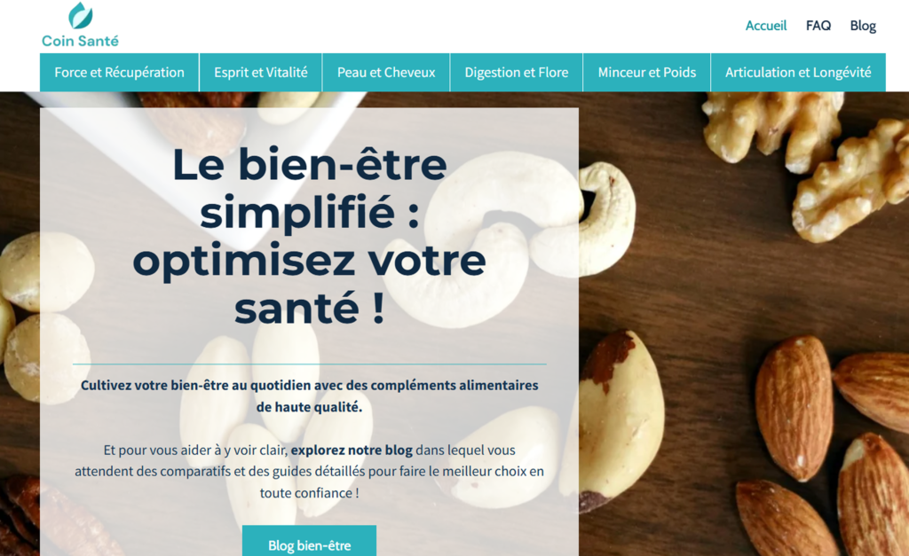 Page web acceuil du site coinsante.fr avec une image nette de condiments en arrière plan