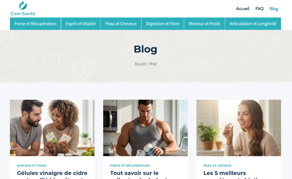 Page web Blog du site coinsante.fr avec la présentation brève de 3 articles sur les compléments alimentaires