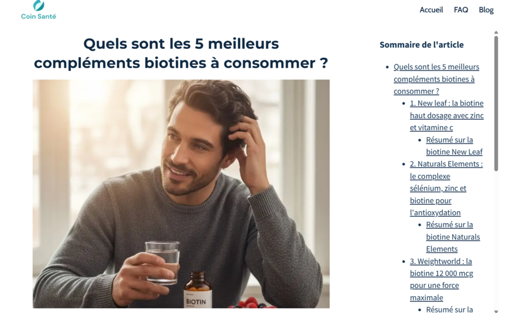 Page web d'un article du site coinsante.fr sur les 5 meilleurs compléments alimentaires biotines à consommer chaque jour