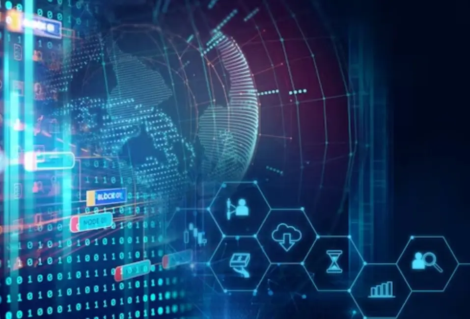 écran montrant des données du monde sur un fond design bleu et futuriste