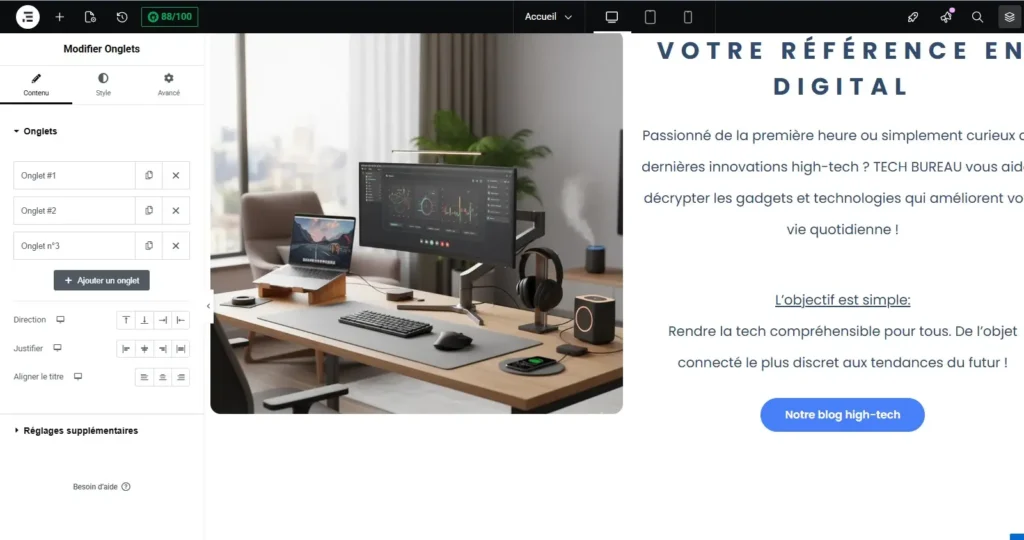 écran montrant le constructeur de page elementor