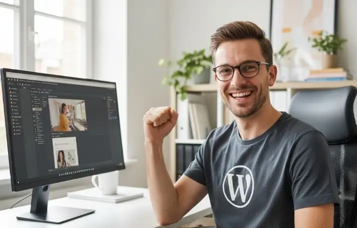 freelance souriant avec le point levé assis sur sa chaise de bureau avec son ordinateur affichant WordPress à côté de lui