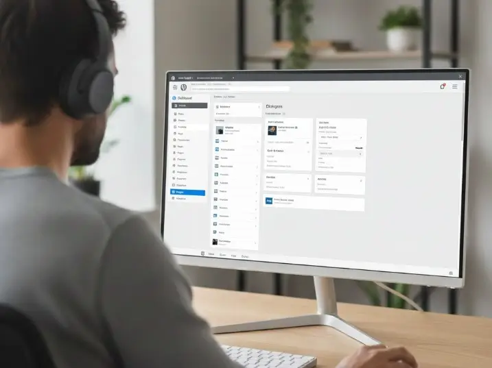 écran PC avec WordPress avec un freelance de dos zoomé sur sa tête