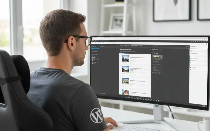 homme freelance à cheveux très courts et à lunettes de dos en tain de travailler avec le constructeur de page Gutenberg sur WordPress