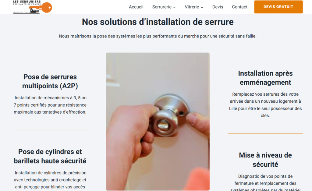Page Nos solutions d'installation de serrure du site lesserruriershdf.fr montrant les mains d'un serrurier en train de travailler sur l'image centrale avec de chaque côté des explications avec titre et paragraphe