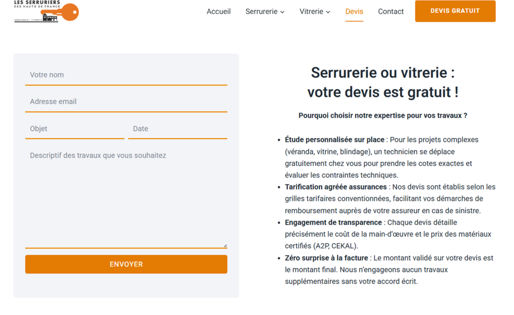 Page Devis du site lesserruriershdf.fr montrant un formulaire pour les contacter à gauche et un titre "Serrurerie ou vitrerie : votre devis est gratuit" à droite avec un paragraphe en dessous