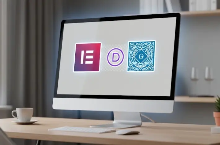 écran PC montrant les logos elementor, divi, gutenberg