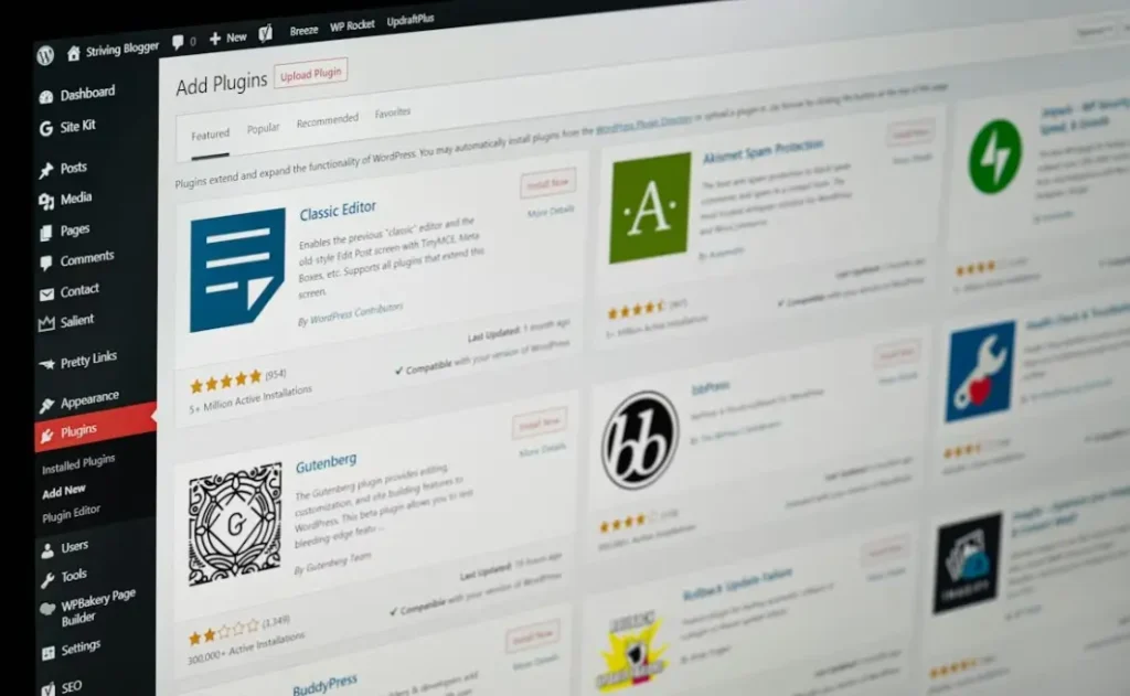 page wordpress montratn les plugins 