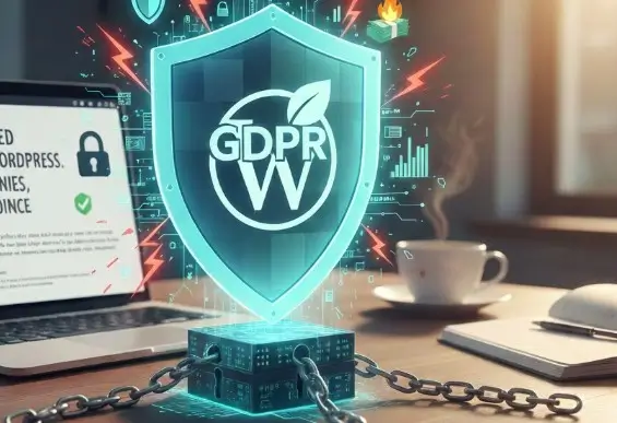logo RGPD virtuel pour WordPress posé devant  un écran PC