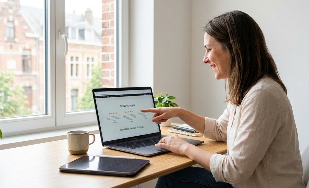 Une femme souriante assise à son bureau pointant du doigt une section de témoignages clients sur son écran d'ordinateur, démontrant la satisfaction client liée aux avis Google Business Profile.
