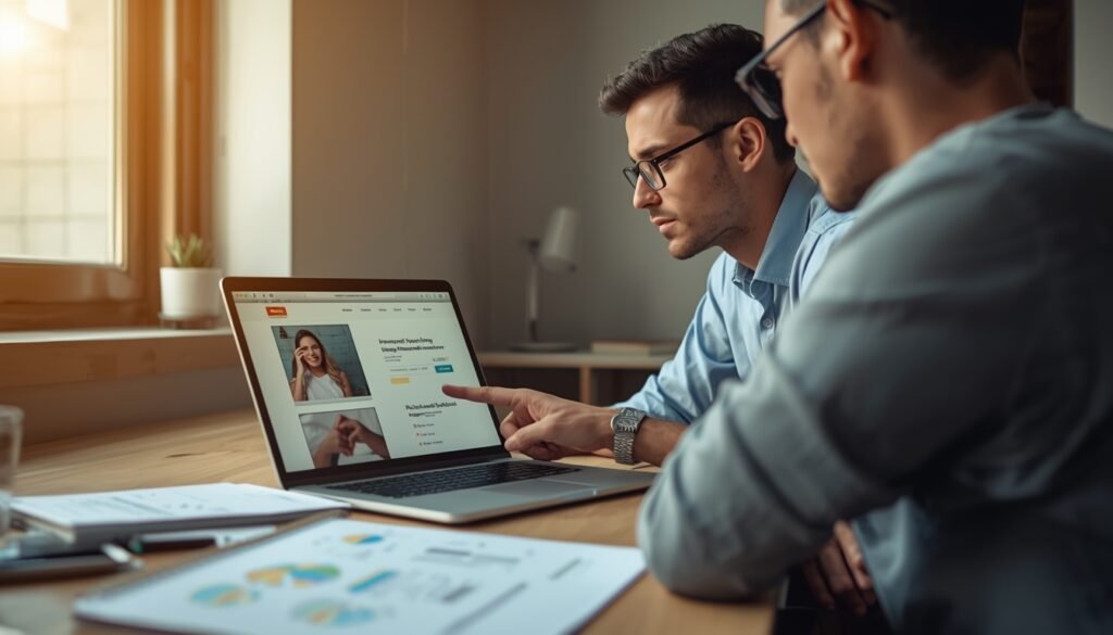Un consultant web accompagnant un client sur l'optimisation d'un blog wordpress seo local pour une petite entreprise, affichant une interface de gestion de contenu sur ordinateur.