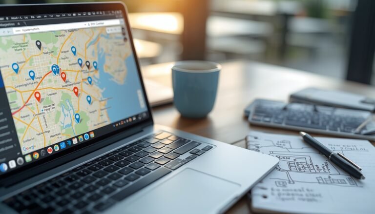 Stratégie de blog wordpress seo local illustrée par une carte interactive avec des points de géolocalisation sur un ordinateur portable et des notes de planification à côté.